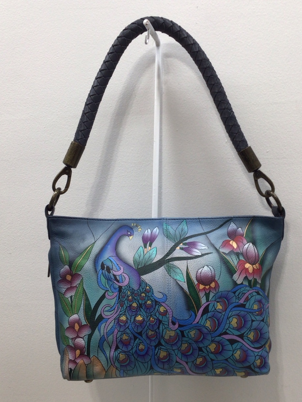 ANNA ANUSCHKA Hand-Painted Blue MIDNIGHT PEACOCK  Shoulder HOBO Bag EXCELLENT